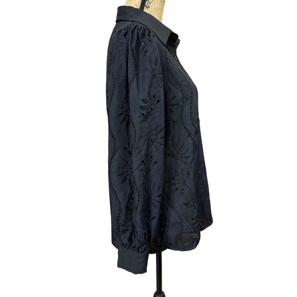 Black Button Down Long Sleeve Eyelet Blouse Size Large - Picture 2 of 7